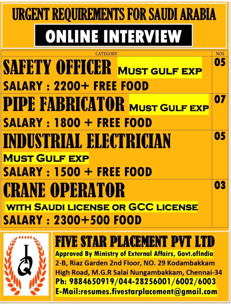 Urgent Requirement For Saudi Arabia Five Star Placement Pvt Ltd